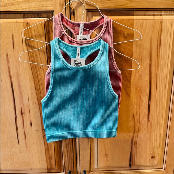 Zenana Tops - Zenana Ribbed Racerback Crop Tanks - Teal & Dusty Rose Duo